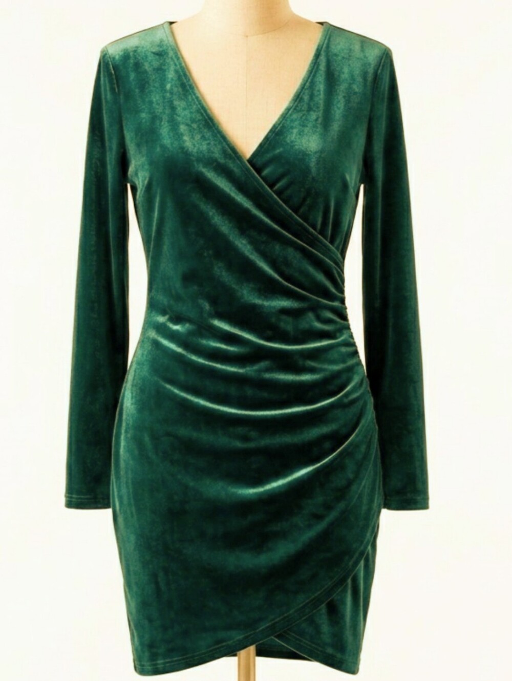Emerald Green Velvet Ruched Tulip Wrap Dress Long Sleeve S - Picture 3 of 14